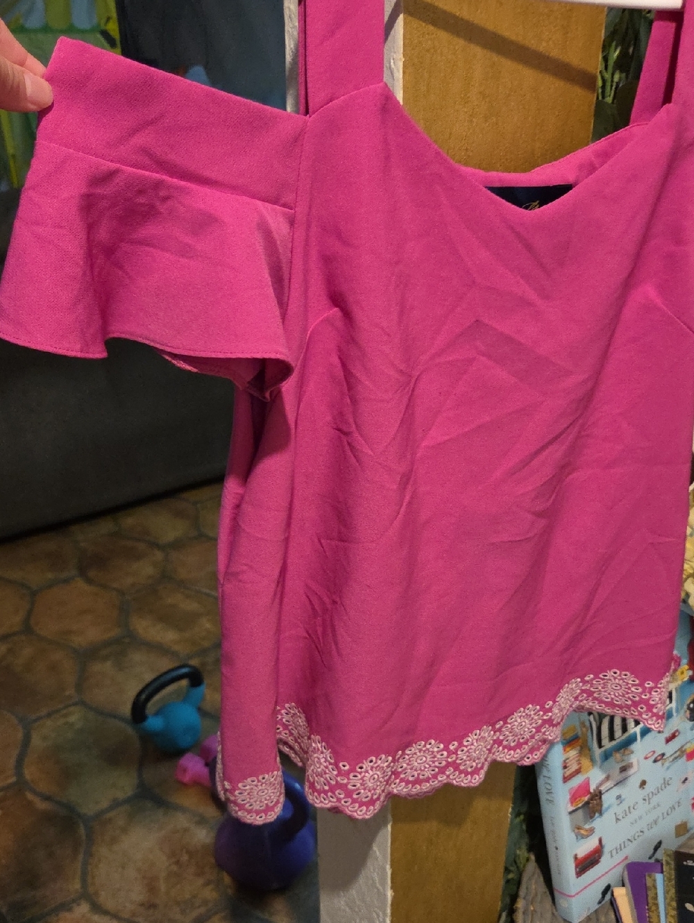 Blue Rain Hot Pink Off-Shoulder Embroidered Hem Tunic